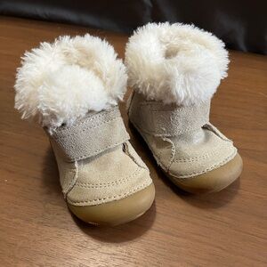 Stride Rite Soft Motion Sophie Cream Kids Boots with Faux Fur Trim
